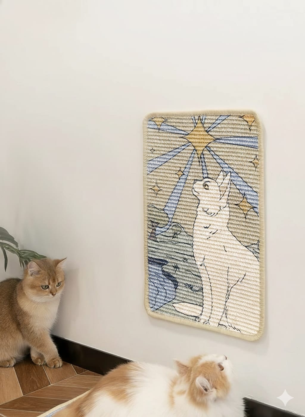 Two cats looking at a cat scratcher painting on a wall.