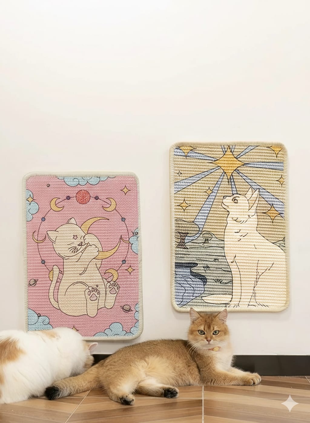 Two decorative scratch boards with cat illustrations on a wall, with a cat sitting below them.