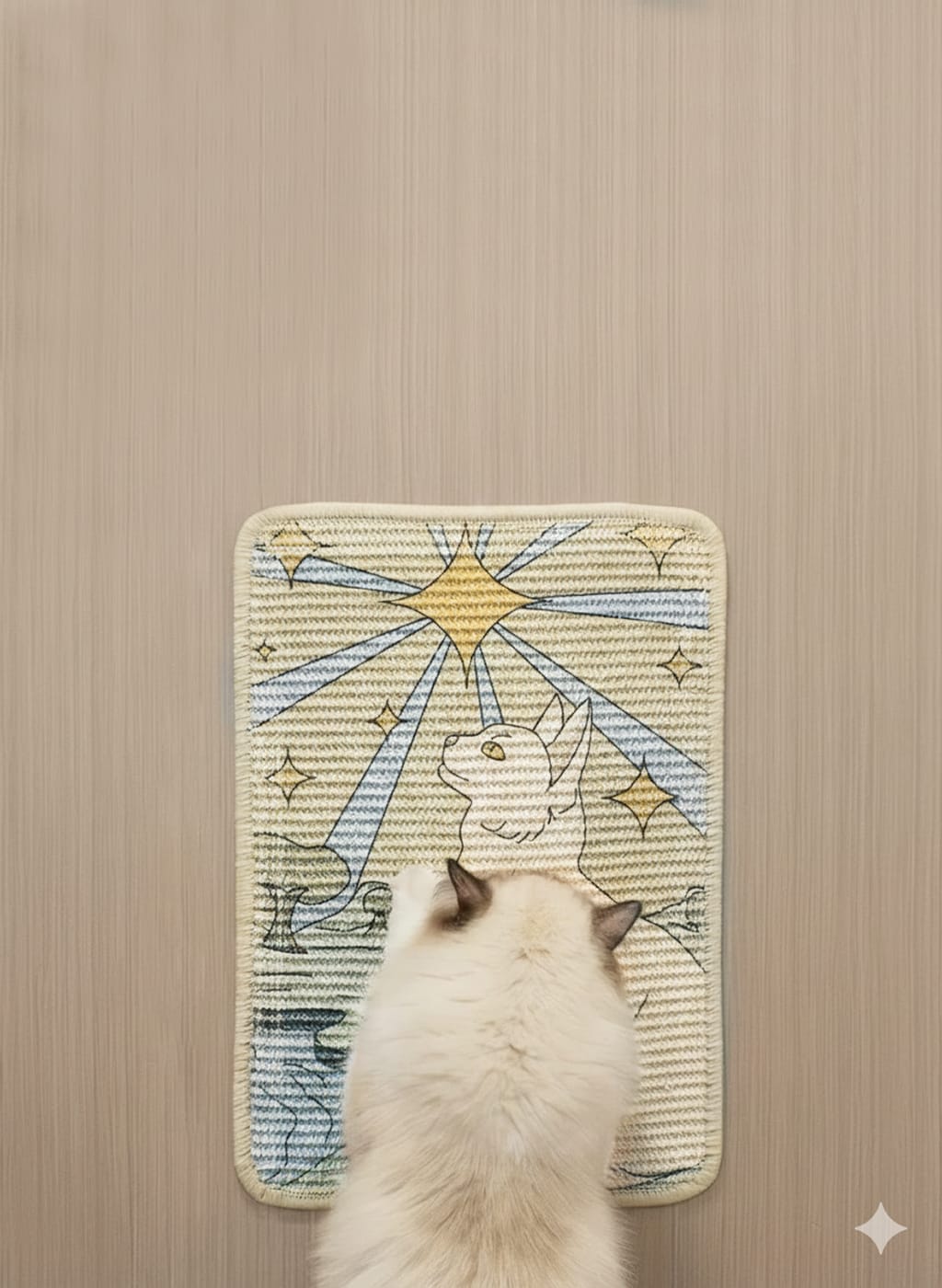 Cat playing with a cat scratcher on a wooden floor