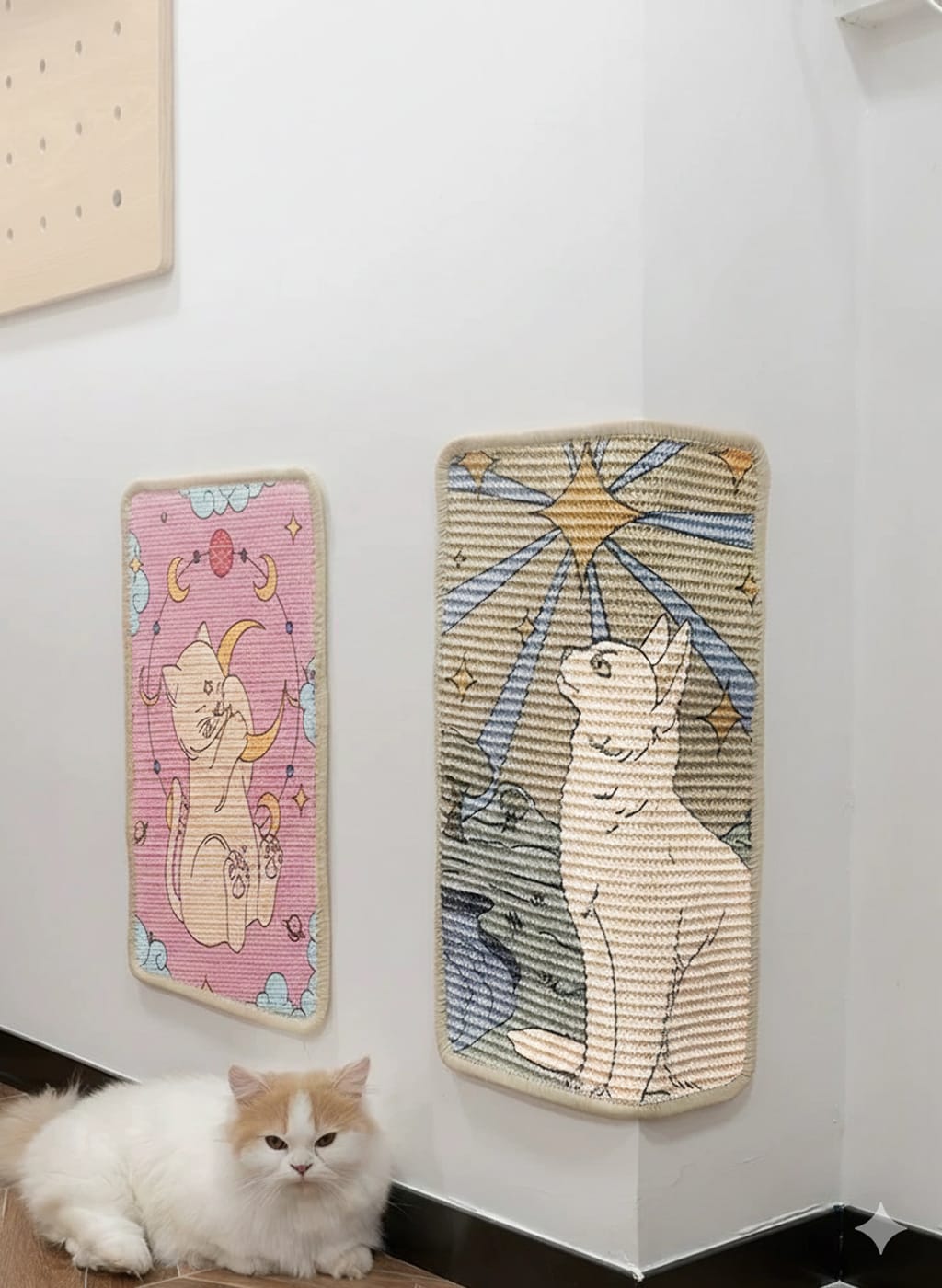Two cat-themed scratching pads on a white wall with a cat sitting below.
