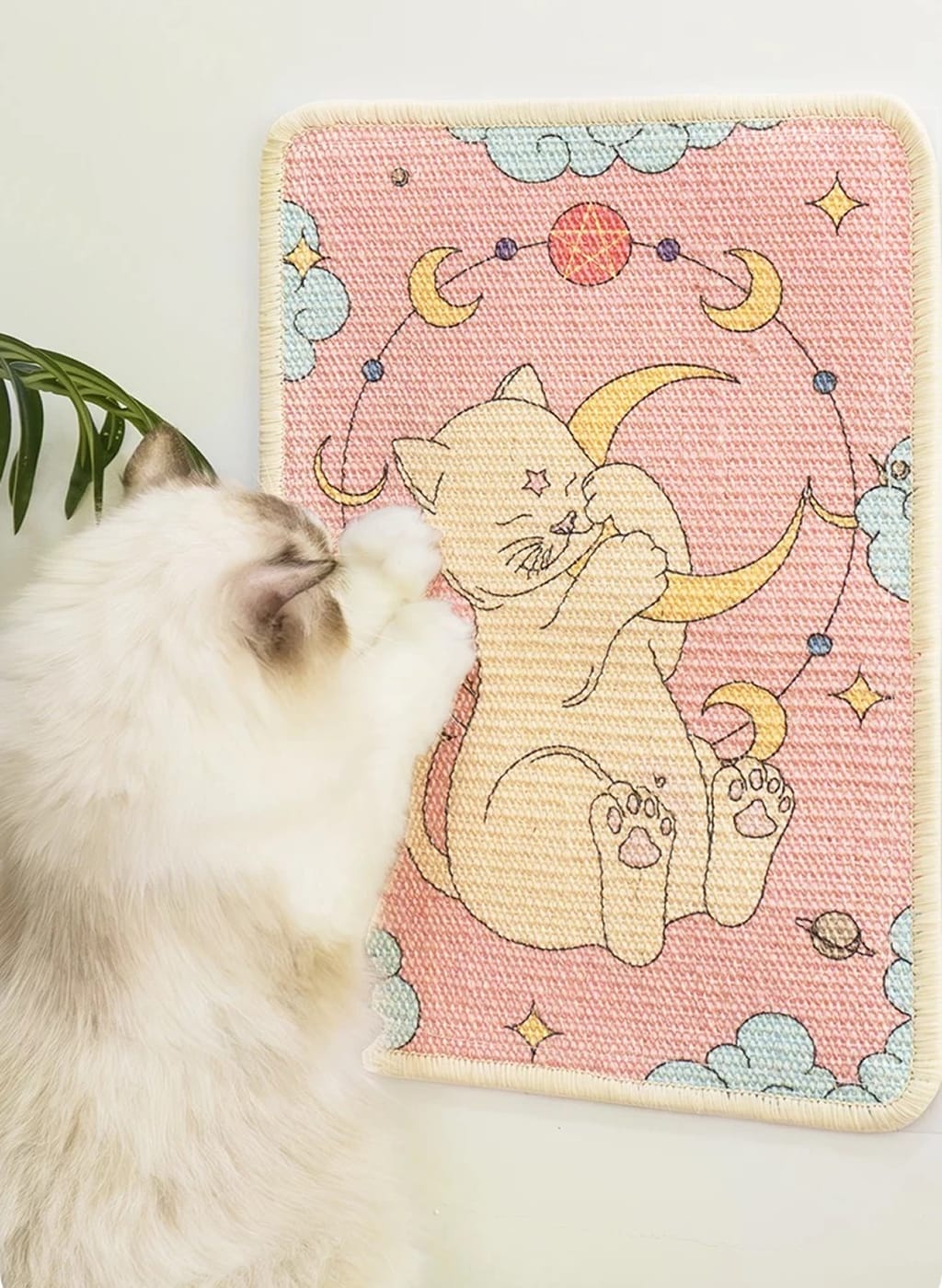 Cat playing with a pink mat featuring a cat illustration and celestial design.